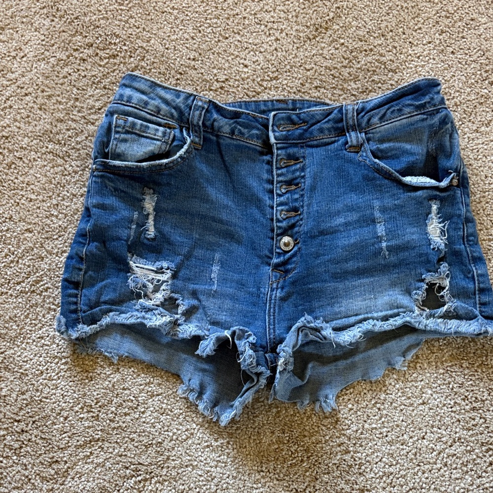 Distressed High-Rise Blue Denim Jean Shorts